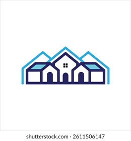 Clean and minimalist logo illustration featuring a modern house with a mountain silhouette in the background. Perfect for real estate, property development, architecture firms, vacation rentals