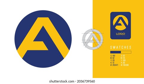 Clean and minimalist logo using letter A in a Circle made using geometric shapes with swatches codes for branding designs with secondary color option for logo