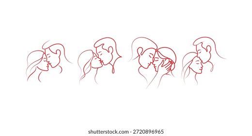 Ilustraciones minimalistas limpias de una línea de la cara de la pareja que expresan la intimidad romántica a través de la línea roja continua elegante del arte.