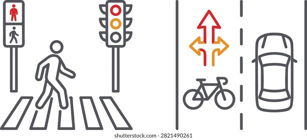 A clean, minimalist outline vector illustration set depicting urban traffic rules, pedestrian crossing safety, and dedicated bicycle lanes. This modern line art collection features a person on a zebra crossing with traffic lights, alongside a marked bike lane next to vehicle traffic, perfect for transportation apps, city planning infographics, and road safety manuals.