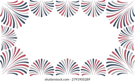 A clean, minimalist patriotic vector border template designed for American national holiday celebrations. The composition features an elegant frame made of stylized, curved firework bursts or light rays radiating inward along the perimeter. The geometric, teardrop-shaped lines are rendered in a classic Americana color palette of deep navy blue, muted red, and light grey. The center of the canvas is completely blank, offering a large, isolated white rectangular copy space for custom text, event details, or promotional headings. This versatile graphic layout is ideal for Fourth of July party invitations, corporate holiday greeting cards, retail marketing announcements, community festival flyers, and social media announcement backdrops.