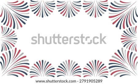 A clean, minimalist patriotic vector border template designed for American national holiday celebrations. The composition features an elegant frame made of stylized, curved firework bursts or light rays radiating inward along the perimeter. The geometric, teardrop-shaped lines are rendered in a classic Americana color palette of deep navy blue, muted red, and light grey. The center of the canvas is completely blank, offering a large, isolated white rectangular copy space for custom text, event details, or promotional headings. This versatile graphic layout is ideal for Fourth of July party invitations, corporate holiday greeting cards, retail marketing announcements, community festival flyers, and social media announcement backdrops.