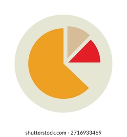 Um gráfico de pizza limpo e minimalista com três segmentos distintos em laranja, bege e vermelho, ideal para visualizar dados de negócios, relatórios financeiros ou divisão de participação de mercado. Perfeito para apresentações e análises.