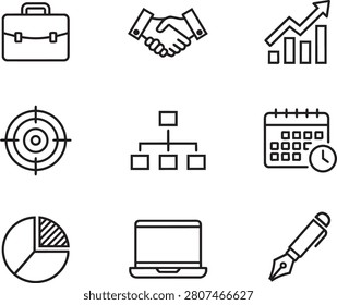 A clean, minimalist, and professional set of outline icons representing key business concepts, including a briefcase, handshake, growth chart, target, organizational hierarchy, calendar with clock, pie chart, laptop, and fountain pen, perfectly designed to symbolize effective corporate management, strategic planning, financial analysis, operational productivity, and professional communication for business presentations, web interfaces, and corporate reports.