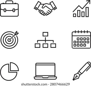 A clean, minimalist, and professional set of outline icons representing key business concepts, including a briefcase, handshake, growth chart, target with arrow, organizational hierarchy, calendar, pie chart, laptop, and fountain pen, perfectly designed to symbolize effective corporate management, strategic planning, financial analysis, operational productivity, and professional communication for business presentations, web interfaces, and corporate reports.