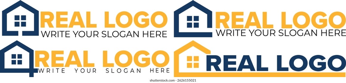 Clean minimalist real estate logo design featuring a house icon on a green landscape. Ideal for property businesses, made by illustrator