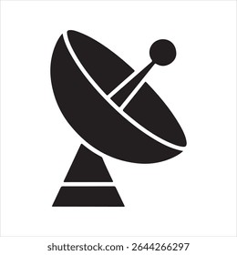 A clean, minimalist satellite dish icon drawn with black linear strokes on a white background. This abstract vector logo symbolizes global communication, connection, and modern technology, perfect for