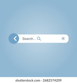 A clean, minimalist search bar UI element featuring a text input field, search icon, back arrow, and clear button on a soft blue background. Perfect for web and mobile application designs.