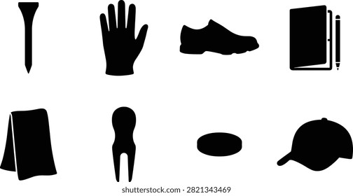 A clean minimalist set of black golf equipment icon vectors including a tee, glove, shoe, scorecard with pencil, towel, divot repair tool, ball marker, and cap. Perfect for sports app interfaces, tournament graphics, athletic branding, and club infographics.A clean minimalist set of black golf equipment icon vectors including a tee, glove, shoe, scorecard with pencil, towel, divot repair tool, ball marker, and cap. Perfect for sports app interfaces, tournament graphics, athletic branding, and club infographics.