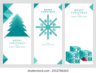 Clean, minimalist set of geometric Christmas icons of a tree, snowflake, and gift boxes. Optimized for mobile screens, ideal for digital holiday greetings, simple shapes give a modern, festive look