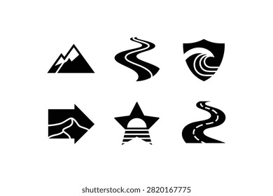 A clean minimalist set of six black graphic icons depicting nature adventure elements including majestic mountain peaks winding roads a protective shield wave a desert dune arrow and a star with a rising sun