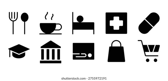 A clean and minimalist set of ten city point of interest (POI) vector icons in a solid black glyph style. This filled collection includes essential map locations: a restaurant, cafe, hotel, hospital, pharmacy, school, bank, ATM, shopping bag, and supermarket cart. Perfect for travel apps, city guide maps, mobile user interface design, and GPS navigation. Isolated on a white background.