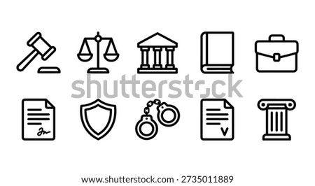 A clean, minimalist set of vector icons representing law and justice concepts, perfect for legal websites or presentations.