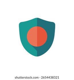 Un icono de escudo limpio y minimalista con un borde verde azulado y un prominente círculo naranja en el centro. El diseño utiliza gráficos planos con sutiles sombras para mayor profundidad.