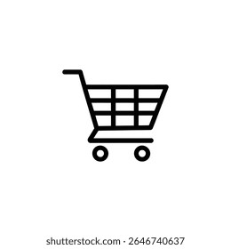 Clean, minimalist shopping cart icon. Black outline on a white background. Features a handle, gridded basket, and two wheels. Perfect for e-commerce, retail, and online shopping visuals.