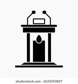 A clean, minimalist silhouette icon of a podium with a speaker. The white graphic is isolated on a transparent background, making it perfect for designers needing versatile, high-quality imagery.