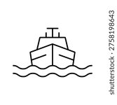 A clean and minimalist single outline vector icon representing a ferry terminal. This line art maritime transportation graphic features a front view of a passenger boat on water waves. Perfect for city guide maps, port navigation, travel applications, and user interface UI design. Isolated on a white background.