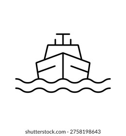 A clean and minimalist single outline vector icon representing a ferry terminal. This line art maritime transportation graphic features a front view of a passenger boat on water waves. Perfect for city guide maps, port navigation, travel applications, and user interface UI design. Isolated on a white background.