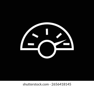 Clean and minimalist speedometer icon in white, ideal for representing speed, performance monitoring, efficiency, and system optimization. This half-circle gauge graphic is perfect for use in dashboar