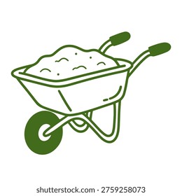 A clean minimalist spring and summer illustration of a garden wheelbarrow filled with dirt on a white background. Gardening