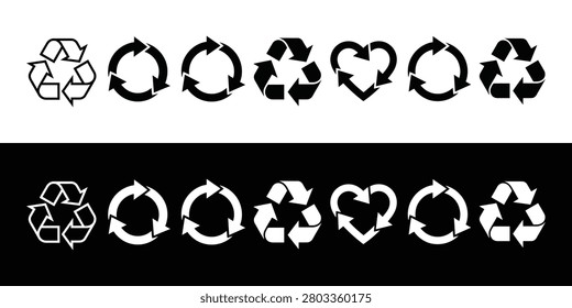 A clean, minimalist vector design displaying a comprehensive set of various recycling symbols and circular process arrow icons. The collection features diverse styles, including traditional mobius loops, multi-arrow repeating circles, sharp triangular configurations, and a unique heart-shaped recycle emblem. The graphic is divided horizontally into a striking monochrome matrix, showcasing the icons in solid white against a black header block on top, and inverted to solid black over a white canvas below. Ideal for environmental awareness campaigns, sustainable packaging design, eco-friendly branding, UI graphics, and modern waste management infographics.

#RecyclingSymbols #ProcessLoops #EcoFriendlyIcons #VectorGraphics #SustainableDesign #MinimalistBranding #GoGreen #UIElements #MonochromeIcons #SavePlanet