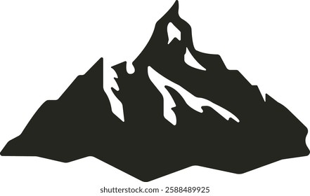 A clean, minimalist vector design of a towering mountain peak with sharp lines and smooth curves, set against a clear blue sky, evoking a sense of adventure and serenity.