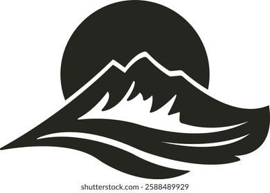 A clean, minimalist vector design of a towering mountain peak with sharp lines and smooth curves, set against a clear blue sky, evoking a sense of adventure and serenity.