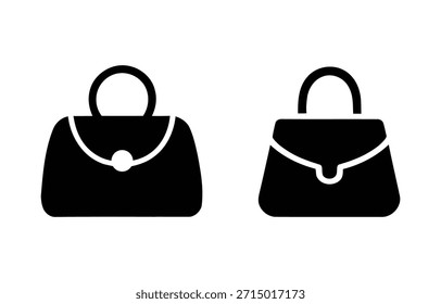 Un gráfico de Vector limpio y minimalista que muestra dos íconos de silueta negra distintos de bolsos de mujer, mostrando diferentes Formas de asa y cuerpo, perfectas para proyectos de diseño de moda o minorista.