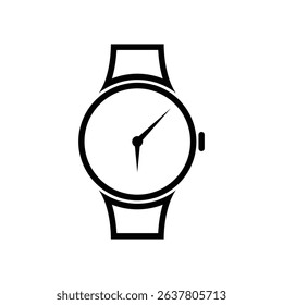 Clean, minimalist vector graphic featuring a black and white wristwatch icon. The design includes hour and minute hands displayed on a circular watch face.