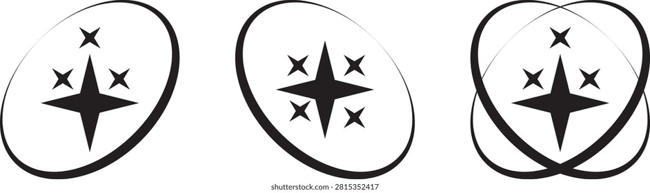 A clean, minimalist vector graphic set featuring three variations of four point sparkle star clusters enclosed in perspective orbital oval frames. The left design displays a central four point star surrounded by three smaller accent stars within a single tilted ring. The middle emblem shows four small surrounding sparkles around the main star inside an opposing tilted ring layout. The right variation features a dual intersecting orbital ring frame enclosing the sparkle cluster.