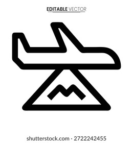 Un gráfico de Vector limpio y minimalista que muestra un avión que se eleva sobre una cordillera.