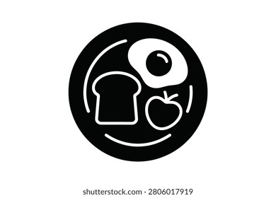 A clean minimalist vector graphic showcasing a classic morning breakfast served on a circular plate. The design features a simple flat line art illustration of a fried egg alongside a single slice of bread and a whole ripe tomato on a solid black background.