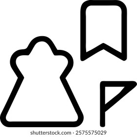 A clean, minimalist vector graphic showing a stylized bag, a bookmark, and a flag.