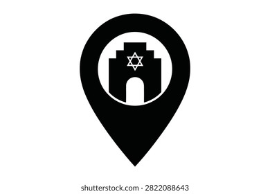 A clean minimalist vector graphic showing a black map pin location icon containing a synagogue building silhouette marked with the Star of David. This religious tourism and place of worship navigation symbol is presented on a plain white background.