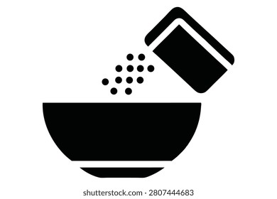 A clean minimalist vector icon depicting a handheld shaker pouring small granular particles into an empty bowl representing food preparation or seasoning tasks for cooking projects and culinary design layouts shown in a bold flat black and white graphic style