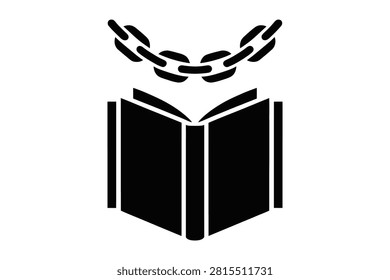 A clean minimalist vector icon depicting an open book positioned directly below a segment of a metallic chain representing concepts of censorship or restricted knowledge or protected ideas in a bold black and white graphic style suitable for academic themes