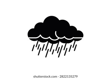 A clean minimalist vector icon depicting a dark storm cloud with falling vertical raindrops isolated on a solid white background represents wet weather conditions and is ideal for mobile apps or digital forecasting systems showing incoming heavy rain