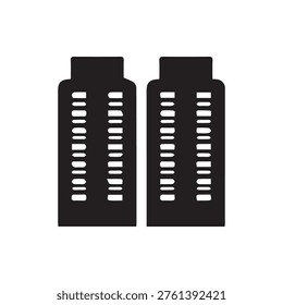 A clean minimalist vector icon featuring two identical black skyscrapers with white window details symbolizing urban architecture business and city living