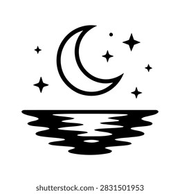A clean, minimalist vector icon featuring a crescent moon and stars reflecting over a calm body of water, suitable for night, nature, or peaceful themes.