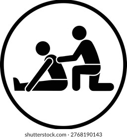 A clean, minimalist vector icon inside a circular frame depicting a person receiving a back massage or physical therapy. One figure is seated and leaning forward while a second figure provides treatment. This graphic is perfect for physiotherapy clinics, spa and wellness centers, chiropractic services, and healthcare-related mobile apps or websites.