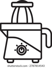 Clean, minimalist vector icon of a kitchen appliance blending and juicing with a control dial and spout for liquids.