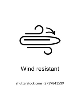 A clean, minimalist vector icon representing wind resistance, featuring a stylized object with curved arrows indicating airflow and protection against elements. Ideal for product design and outdoor gear.