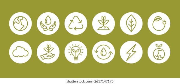 A clean and minimalist vector icon set featuring symbols related to sustainability, environmental care, renewable energy sources, and love for the planet.