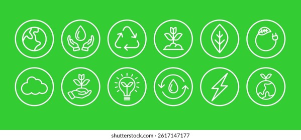 A clean and minimalist vector icon set featuring symbols related to sustainability, environmental care, renewable energy sources, and love for the planet.
