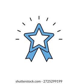 Ilustração vetorial limpa e minimalista de um distintivo de prêmio de estrela azul com duas fitas na parte inferior e acentos de linha radiante. Este ícone profissional representa conquista, excelência, qualidade superior e sucesso, tornando-o ideal para certificados, análises de negócios e recompensas de concorrência.