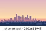 A clean, minimalist vector illustration capturing the iconic skyline of Los Angeles, California at dusk. The composition is bathed in warm amber and golden tones