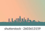 A clean, minimalist vector illustration capturing the iconic skyline of Los Angeles, California at dusk. The composition is bathed in warm amber and golden tones