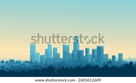 A clean, minimalist vector illustration capturing the iconic skyline of Los Angeles, California at dusk. The composition is bathed in warm amber and golden tones