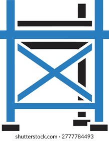 A clean, minimalist vector illustration of a chair icon featuring a diagonal cross support structure and a simple seat frame, rendered in bold blue and black lines. The design emphasizes geometric shapes and abstract form, ideal for modern digital interfaces or symbolic representations.