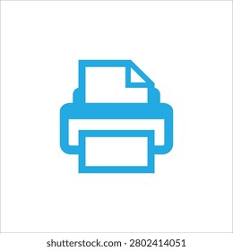 A clean, minimalist vector illustration of a classic printer icon in a vibrant light blue or cyan color tone, isolated on a solid white canvas. The design features a bold hardware silhouette showing a document feed sheet with a folded corner at the top and a printed page emerging from the output tray at the bottom. This high-quality graphic asset universally represents hardcopy output features, office equipment, paper documentation, printing settings, and user interface action menus. Perfectly tailored for mobile application UI, web navigation bars, office software branding, and modern digital layout structures